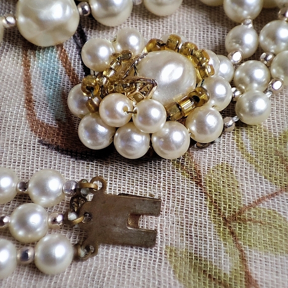 Three 3 Strand Faux Pearl Gold Tone Collar Necklace Clear AB Beads Japan Clasp - Picture 13 of 16